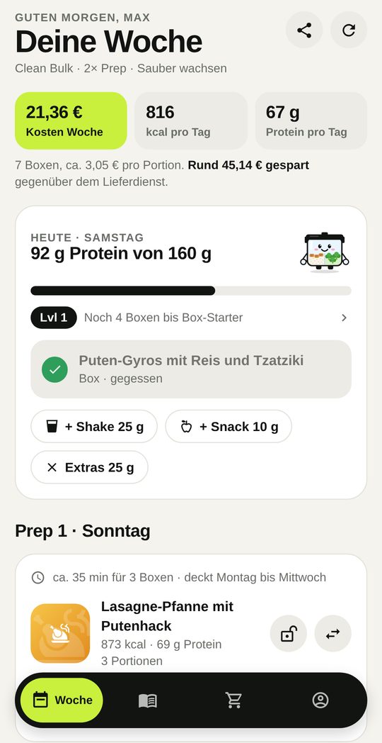 Heute-Ansicht mit Protein-Fortschritt