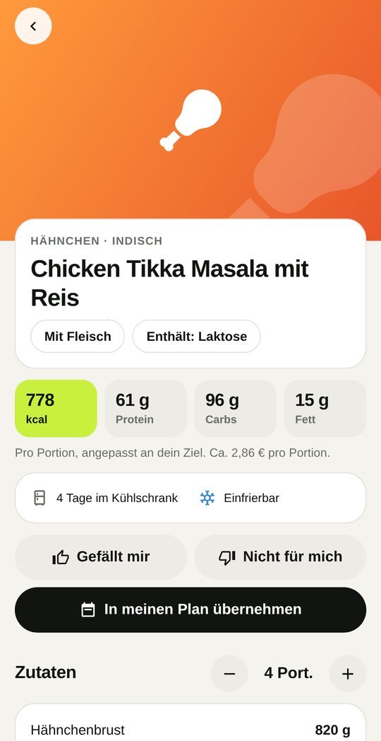 Rezept mit Makros und Kosten